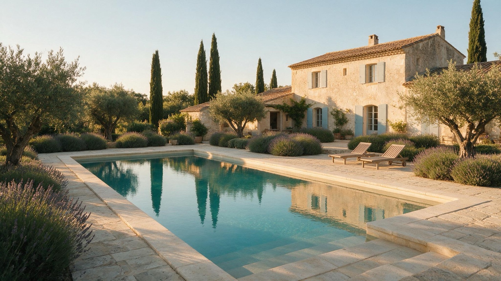 Piscine turquoise devant un mas provençal en pierre, bordures de lavande et oliviers